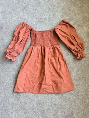 Rust Orange Smocked Waist Puff Sleeve Midi Dress